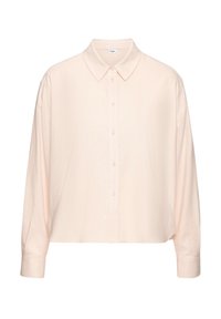 Light pink long-sleeve button-up shirt with a classic collar, slightly cropped design, and soft texture. Features front buttons and folded cuffs.