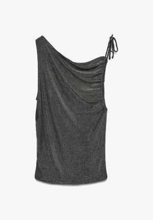 Black glittery one-shoulder top with ruched detail and adjustable tie strap on the right shoulder, sleeveless design.