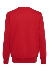 Felpa rossa, texture a coste, maniche lunghe, scollatura tonda e polsini aderenti. Tessuto liscio senza motivi o dettagli visibili.