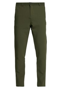 Pantaloni verde oliva realizzati in un tessuto liscio, dotati di zip frontale, chiusura con un bottone e tasche frontali angolate con un design slim fit.