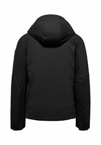 Giacca imbottita nera con cappuccio, caratterizzata da una texture liscia e una spalla a contrasto. Progettata con una vestibilità comoda e maniche lunghe.