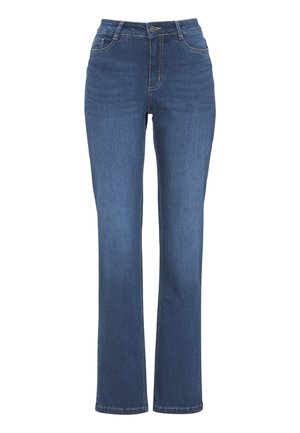 Blaue gerade Jeans aus Denim im klassischen Fünf-Taschen-Design mit kontrastierenden Nähten. Mit Knopfverschluss an der Taille.