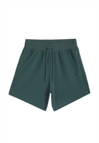 Groene sportshorts met een gestructureerde stof, elastische tailleband, trekkoord en twee zijritszakken. Voorzien van subtiele branding op het been.