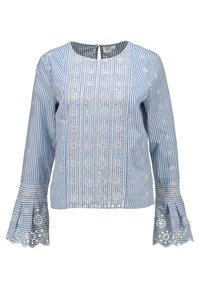 Blusa a righe blu e bianche con maniche lunghe, ricamo ad occhio di pernice e polsini svasati. Presenta un'apertura a chiave sul retro e motivi floreali.
