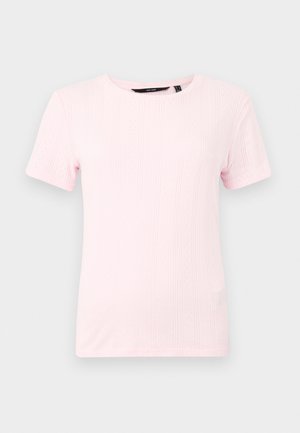 Kortærmet, lyserød t-shirt lavet af tekstureret strikstof med rund halsudskæring og lodret ribbet mønster.