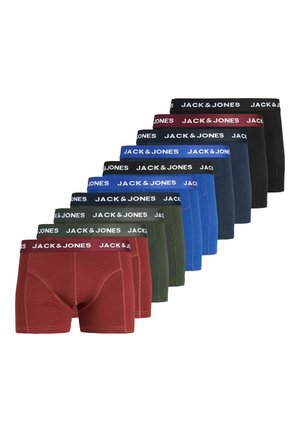 Tíz pár férfi boxer alsónadrág fekete, tengerészkék, kék, zöld és bordó színekben, "JACK & JONES" márkajelzésű derékrésszel, eltolva egymás mellett elrendezve.