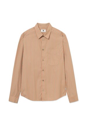 Beige väriin oransseilla pystysuorilla raidoilla oleva nappipaita, pitkät hihat, yksittäinen rintatasku ja leveä kaulus. Pehmeä kangaspinta.