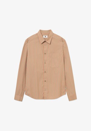 Beige väriin oransseilla pystysuorilla raidoilla oleva nappipaita, pitkät hihat, yksittäinen rintatasku ja leveä kaulus. Pehmeä kangaspinta.