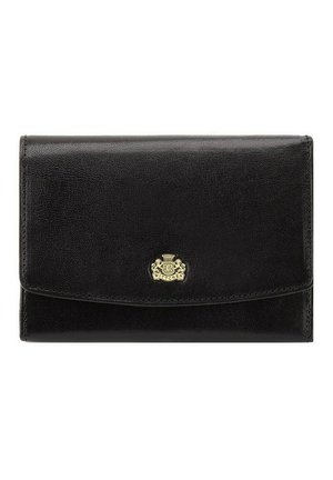 Black leather wallet with a textured surface, rectangular shape, and a gold hardware logo accent on the front. Features a fold-over closure.