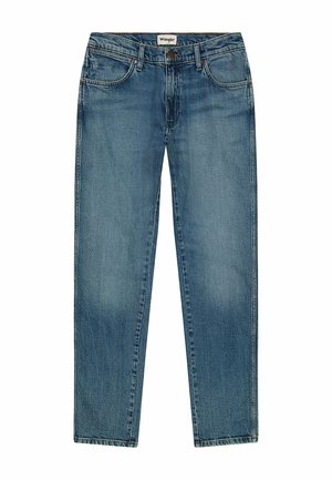 Vervaagde blauwe denim jeans met een rechte pasvorm, vijf zakken, metalen knoopsluiting en een merklabel op de tailleband.