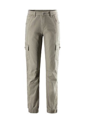 Hellgraue Cargo-Hosen mit schmal zulaufender Passform, elastischen Bündchen, mehreren Taschen und einem Knopfverschluss. Hergestellt aus strapazierfähigem Stoff.
