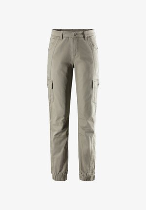Light grey cargo pants with a tapered fit, elasticated cuffs, multiple pockets, and a button closure. Made from durable fabric.
