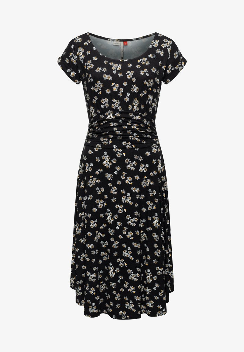 Czarna sukienka w kwiaty z krótkimi rękawami, okrągłym dekoltem i marszczonym detalem w talii. Posiada wzory białych i żółtych kwiatów na całej powierzchni.
