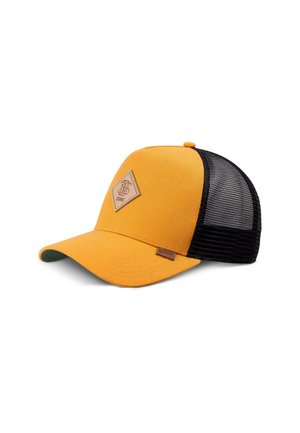 Yellow cap with a solid front, mesh black back, and a diamond-shaped leather patch. Brim is curved, with a soft green underside.