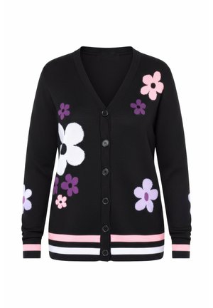 Schwarzer Cardigan mit V-Ausschnitt, versehen mit mehrfarbigen Blumenmustern in Pink, Lila und Weiß. Abgeschlossen mit gestreiften Bündchen und Saum.