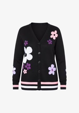 Schwarzer Cardigan mit V-Ausschnitt, versehen mit mehrfarbigen Blumenmustern in Pink, Lila und Weiß. Abgeschlossen mit gestreiften Bündchen und Saum.