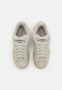 Paire de baskets Adidas gris clair usées avec lacets sur fond blanc, vue de dessus.