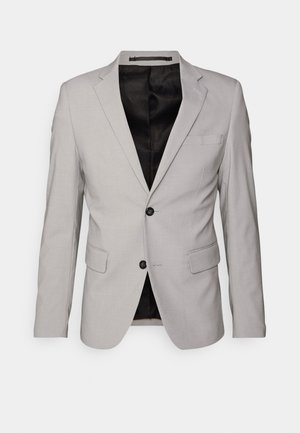Lys grå blazer i et glat stof, med en enkeltrækkende design, to knapper og en elegant sort indvendig foring.