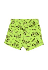 Groene shorts met een herhaald patroon van Simba's gezicht en potenprints in bruin, voorzien van een elastische tailleband en een losse pasvorm.