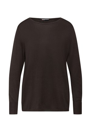 Maglione a maniche lunghe color marrone scuro con collo a giro e polsini e orlo a costine, mostrato su uno sfondo bianco semplice.