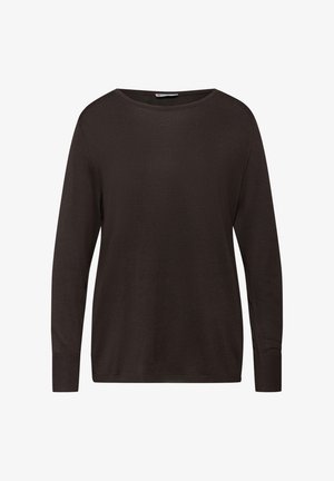 Mørkebrun langærmet crew neck sweater med ribbede manchetter og kant, vist på en helt hvid baggrund.