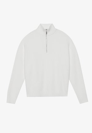 White ribbed sweater with a high collar, quarter-zip front, and long sleeves. Soft texture, relaxed fit, and subtle knit pattern.