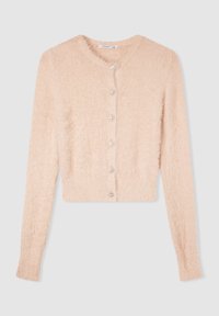 Cardigan accorciato in morbido e soffice materiale, di colore rosa chiaro, con scollatura rotonda e sei bottoni decorativi lungo la parte anteriore.