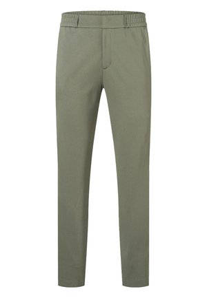 Slim fit olivengrønne bukser med elastisk taljebånd og lige ben, designet til afslappet eller semi-formelt brug.