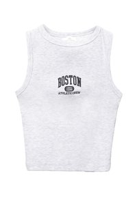 Sivý bezrukávový crop top s okrúhlym výstrihom a potlačou "BOSTON 1991 ATHLETIC CREW" v čiernej farbe na prednej strane. Bavlnený materiál.
