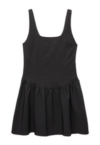 Robe noire avec un haut ajusté et une jupe évasée et froncée. Fabriquée en tissu léger, dotée d'un décolleté carré et de bretelles épaisses.