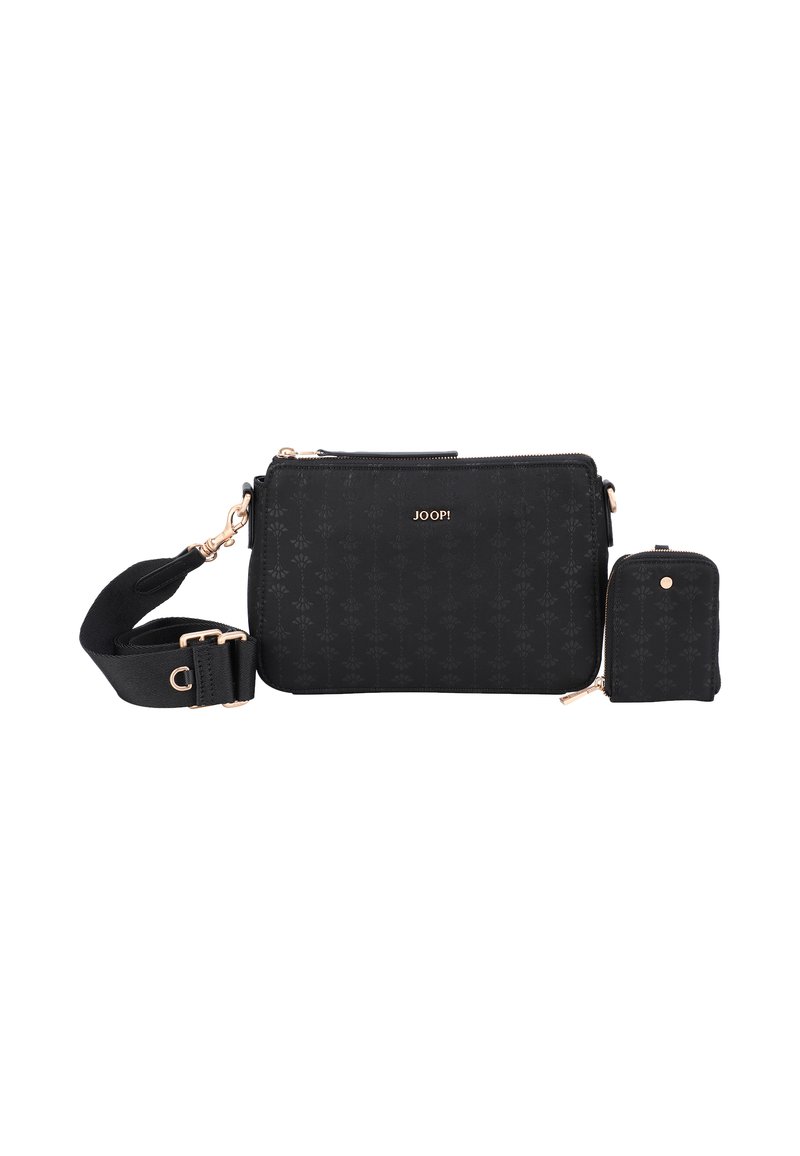Borsa a tracolla nera realizzata in materiale testurizzato con un motivo sottile, caratterizzata da un logo dorato, chiusura con zip e una piccola pochette removibile.