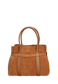 Borsa tote in camoscio marrone con due manici superiori, dettagli in pelle liscia e un dettaglio con bottone rotondo. Texture morbida e forma strutturata.