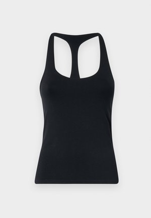 Débardeur noir sans manches en tissu lisse et extensible ; présente un col rond et un design de dos nageur découpé.