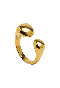 Złocona metalowa obrączka o gładkim, wypolerowanym wykończeniu. Posiada dwa zaokrąglone akcenty po obu stronach i otwartą konstrukcję.