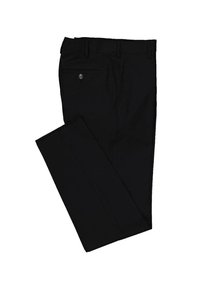 Schwarze Hose mit flacher Vorderseite, Bundschlaufen und einer einzelnen Gesäßtasche mit Knopfverschluss. Glatter, strukturierter Stoff.