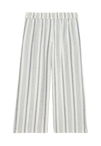 Lätta, randiga vida byxor med resårmidja. Har växelvis grå och vita vertikala ränder samt en slät textur.