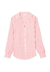 Chemise à manches longues rayée rouge et blanche avec un col en V, une poche frontale et des poignets à boutons ; fabriquée en tissu léger.