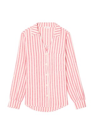 Chemise à manches longues rayée rouge et blanche avec un col en V, une poche frontale et des poignets à boutons ; fabriquée en tissu léger.