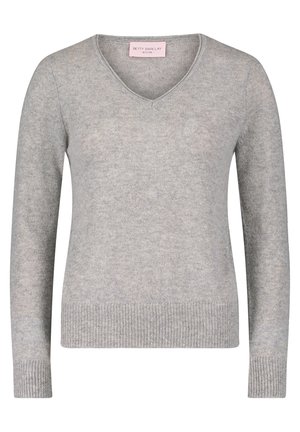 Maglione grigio a collo a V realizzato in morbido filato, con maniche lunghe e orlo a coste in vita e ai polsini. Etichetta visibile all'interno del colletto.
