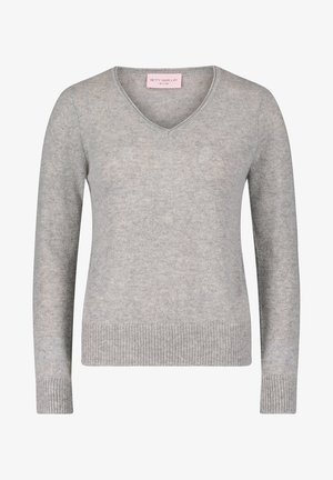 Grauer V-Ausschnitt-Pullover aus weichem Strickmaterial, mit langen Ärmeln und einem gerippten Saum an der Taille und den Bündchen. Etikett im Kragen sichtbar.