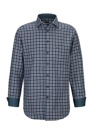 Langärmliges, knöpfbares Hemd im blauen und weißen Karomuster. Mit einer Brusttasche und kontrastierenden dunkelblauen Manschetten. Hergestellt aus gewebtem Stoff.