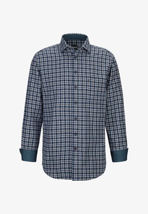 Camicia a maniche lunghe, con bottoni, in una fantasia a quadri blu e bianca. Presenta una tasca sul petto e polsini contrastanti di un blu scuro. Realizzata in tessuto intrecciato.