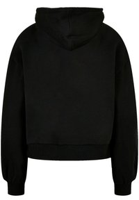 Cropped black hoodie made of soft fabric, featuring a hood, drop shoulders, and ribbed cuffs and hem. Plain design, no patterns or accents.