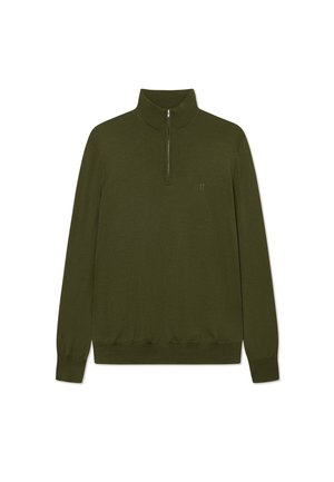 Olivengrønt pullover-sweater med en kvart længde lynlås, ribbede manchetter og kant. Fremstillet af et blødt, struktureret strikstof. Minimalistisk design.