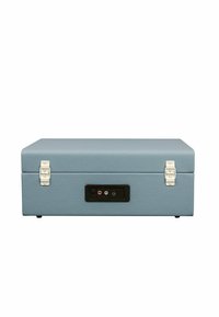 Étui rectangulaire bleu clair avec une surface texturée, des verrous en métal blanc et un panneau noir comportant des ports audio à l'arrière.