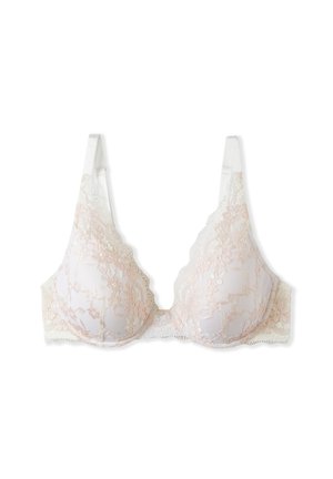 Soutien-gorge en dentelle rose clair et blanc, avec des bonnets souples, des bords festonnés, des bretelles réglables et un motif floral. Matière semi-transparente.