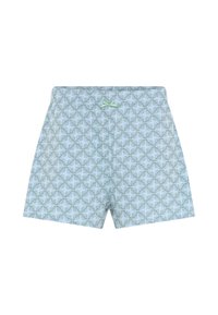 Short bleu clair avec un motif subtil de feuilles sombres et un petit nœud vert au centre de la ceinture avant.