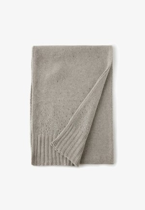 Jasnoszary dziergany szalik z teksturowanym wzorem i małymi błyszczącymi akcentami oraz ściągaczem na jednym końcu.