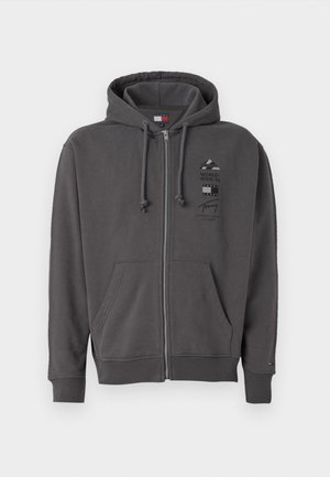 Grijze zip-up hoodie met een koordkap, vo pockets, geribbelde manchetten en een logoafbeelding op de borst. Zachte, gestructureerde stof.