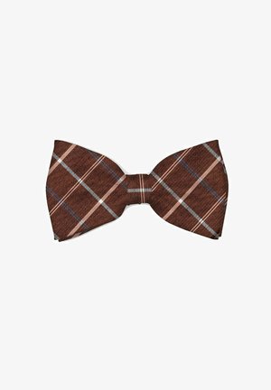 Brown plaid bow tie featuring a woven texture with light blue and pink accented lines, centered knot, symmetrical shape.